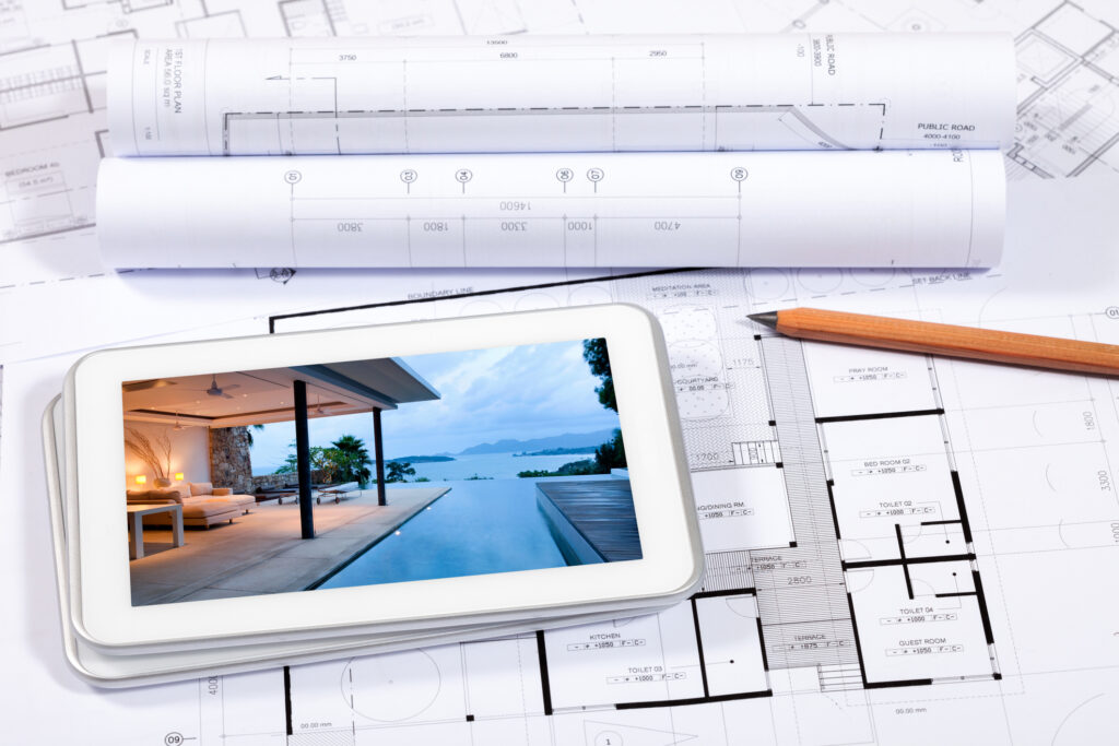 Architectural sketchbook with tablet showcasing modern pool designs, highlighting ideal choices for lifestyle and space needs