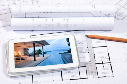 Architectural sketchbook with tablet showcasing modern pool designs, highlighting ideal choices for lifestyle and space needs