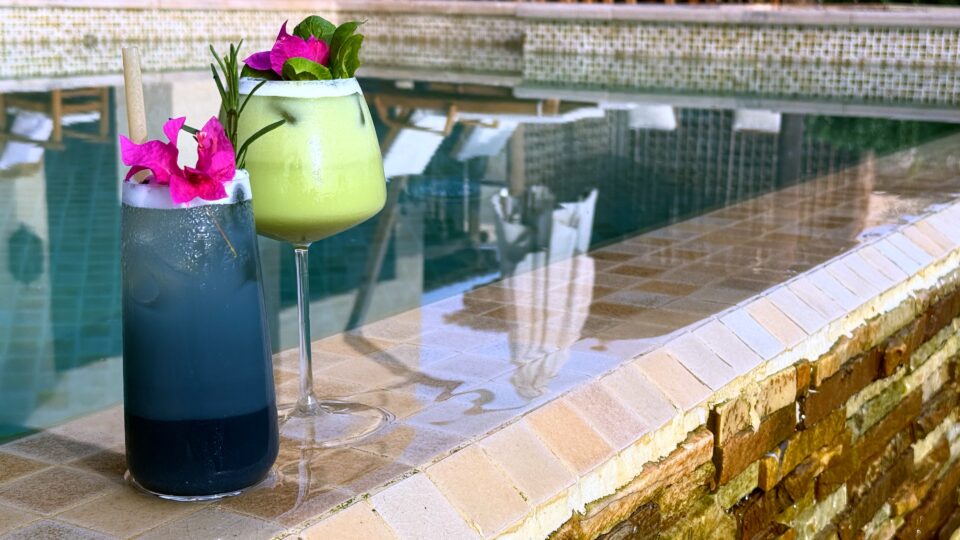 Two vibrant cocktails by a luxury poolside, showcasing elegant cocktail pool design for small backyards.