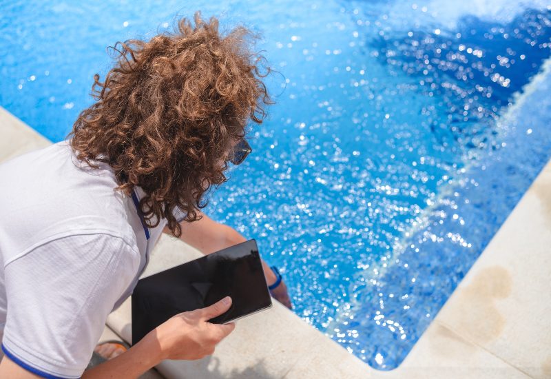 A person is inspecting the interior pool surface while holding a tablet in Phoenix, AZ