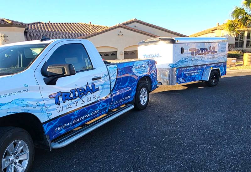 Tribal Waters pool tile beading service trucks in Phoenix, AZ